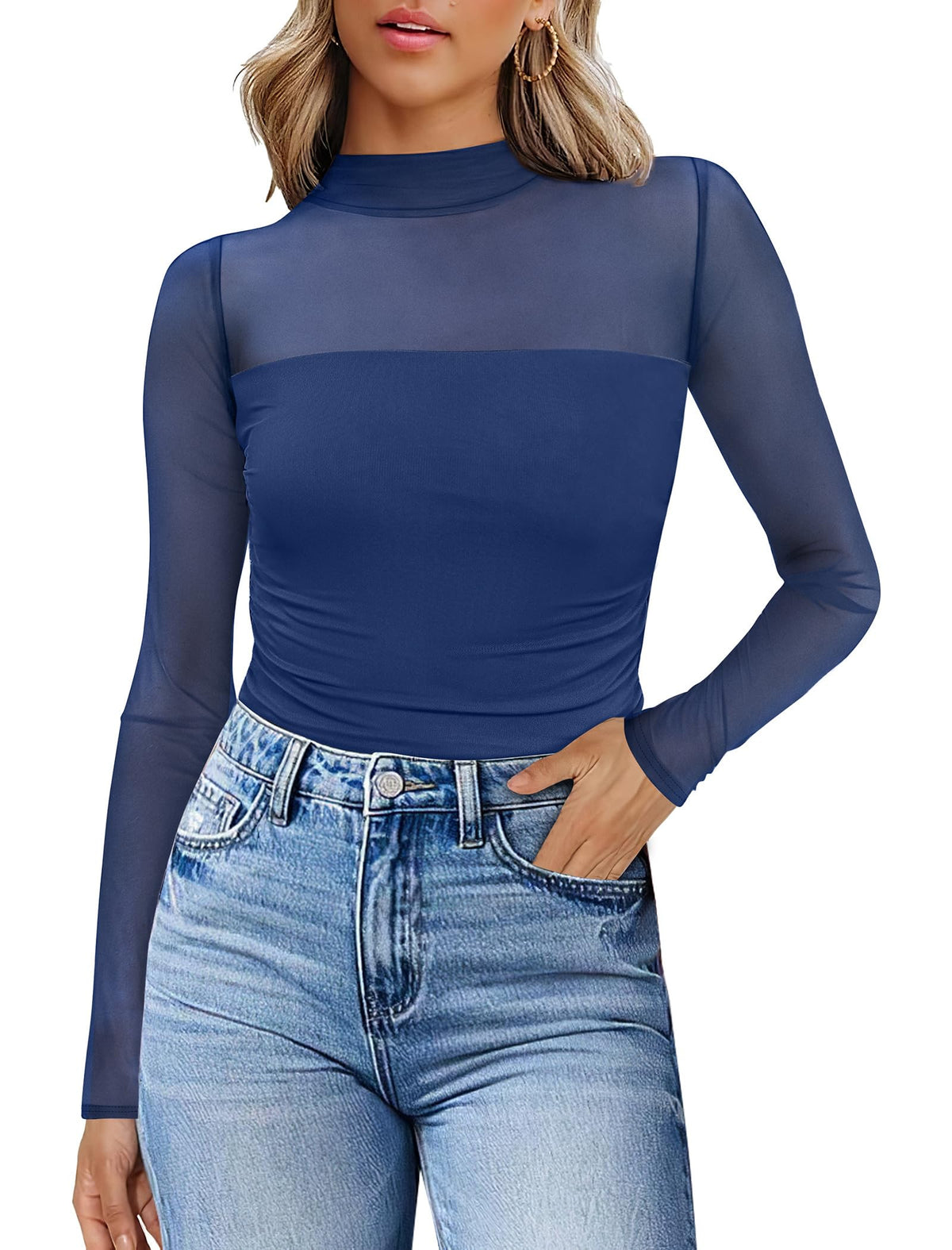 Womens Sexy Mesh Long Sleeve Shirts Fashion Clothing Turtle Necks Sheer Ruched Going Out Tops Fall Outfits Slim Fit Blouses