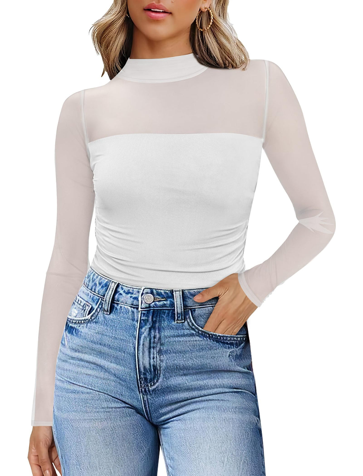 Womens Sexy Mesh Long Sleeve Shirts Fashion Clothing Turtle Necks Sheer Ruched Going Out Tops Fall Outfits Slim Fit Blouses