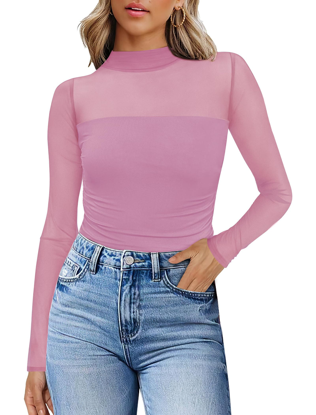 Womens Sexy Mesh Long Sleeve Shirts Fashion Clothing Turtle Necks Sheer Ruched Going Out Tops Fall Outfits Slim Fit Blouses