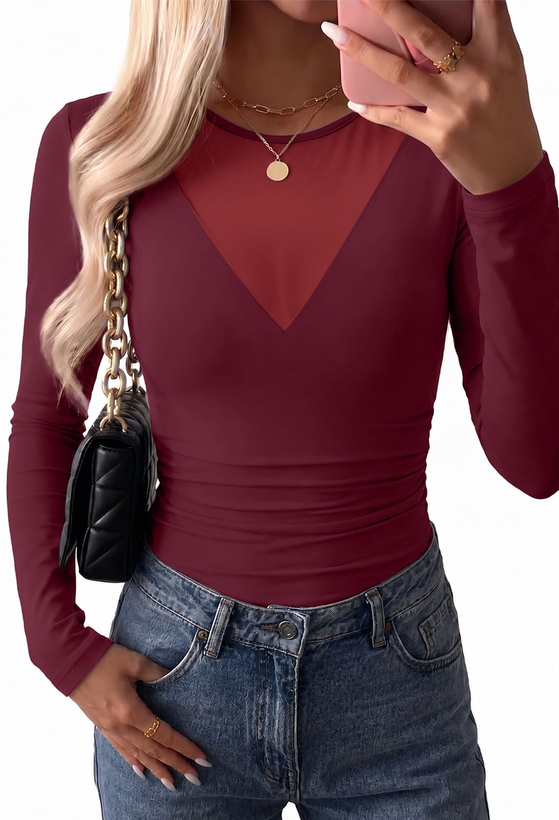 Womens Tops Mesh Top Long Sleeve Shirts Fall Outfits Winter Clothes