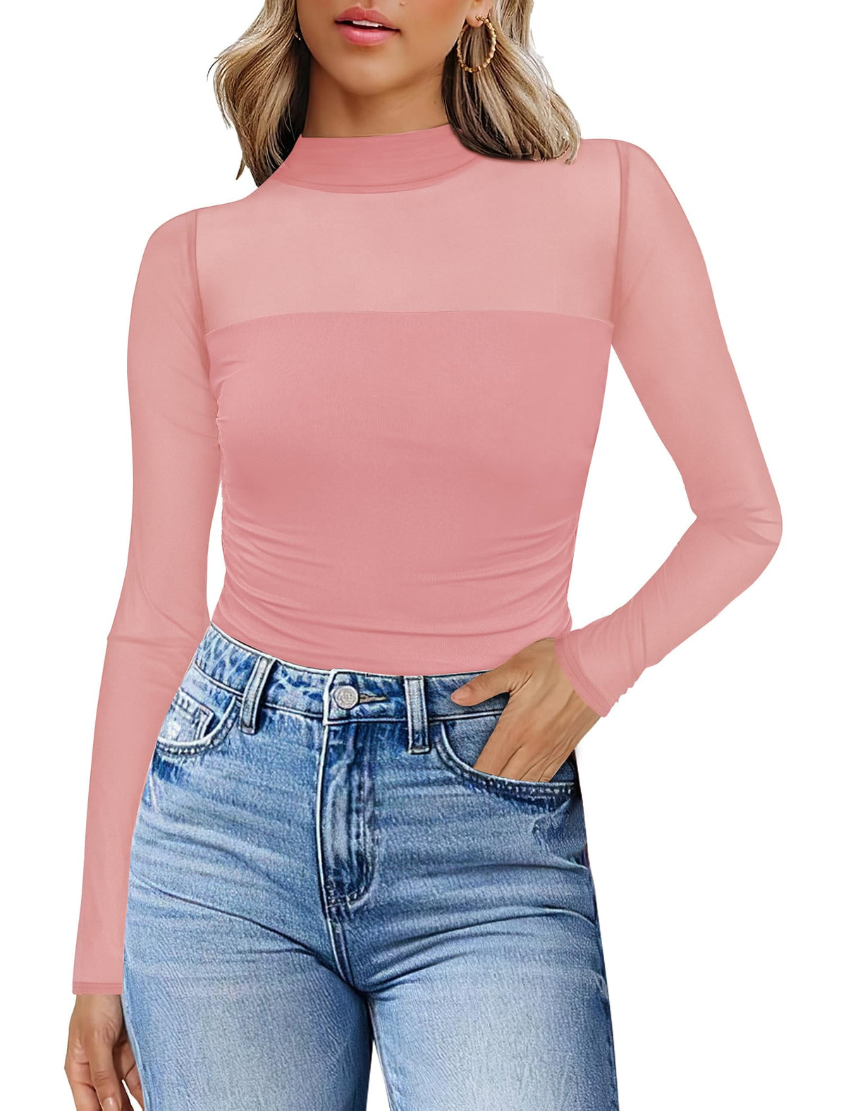Womens Sexy Mesh Long Sleeve Shirts Fashion Clothing Turtle Necks Sheer Ruched Going Out Tops Fall Outfits Slim Fit Blouses