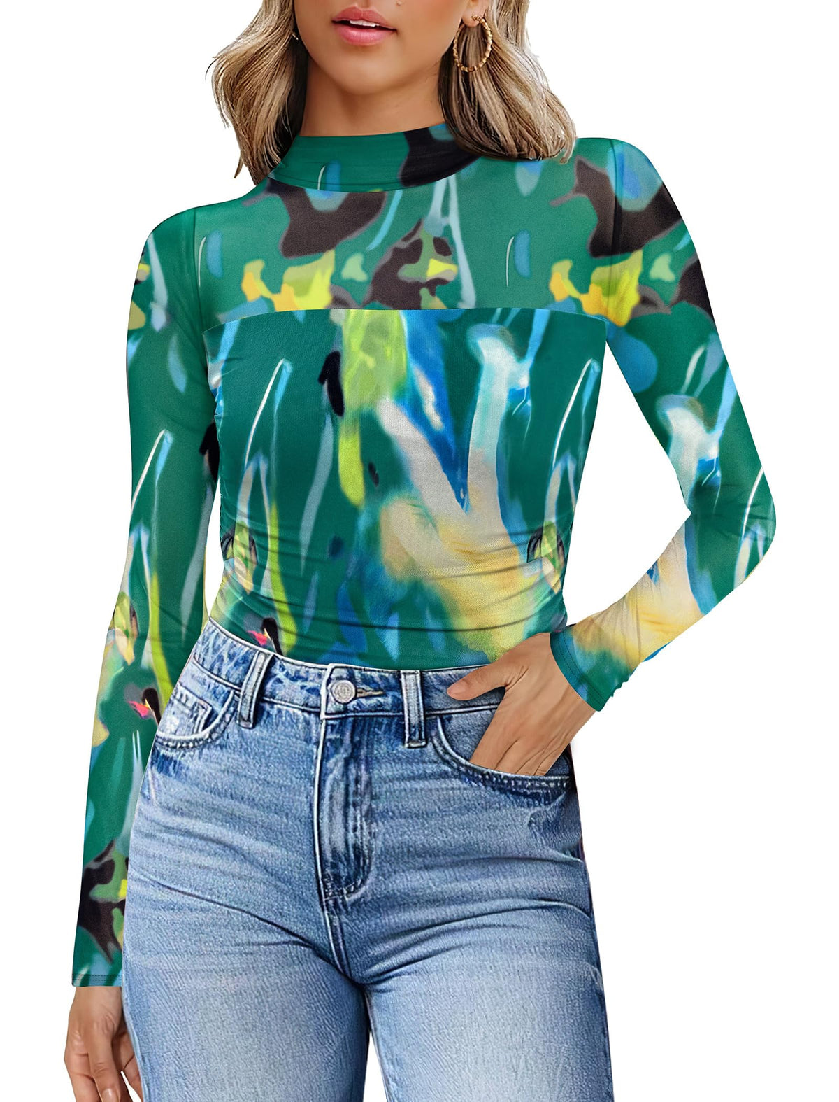 Womens Sexy Mesh Long Sleeve Shirts Fashion Clothing Turtle Necks Sheer Ruched Going Out Tops Fall Outfits Slim Fit Blouses