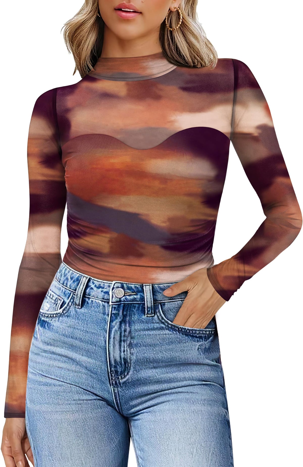 Womens Sexy Mesh Long Sleeve Shirts Fashion Clothing Turtle Necks Sheer Ruched Going Out Tops Fall Outfits Slim Fit Blouses