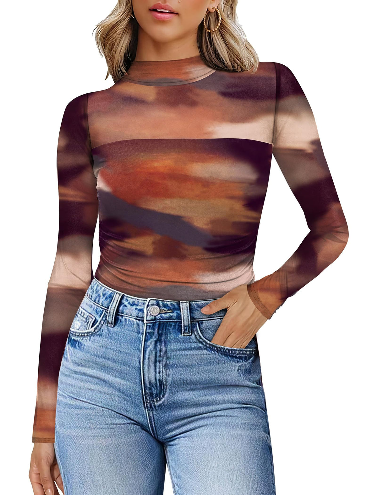 Womens Sexy Mesh Long Sleeve Shirts Fashion Clothing Turtle Necks Sheer Ruched Going Out Tops Fall Outfits Slim Fit Blouses