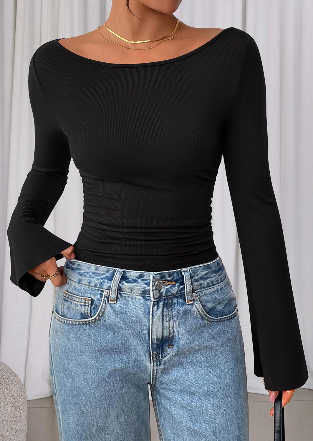 PRETTYGARDEN Womens Bell Long Sleeve Ribbed Knit Tops