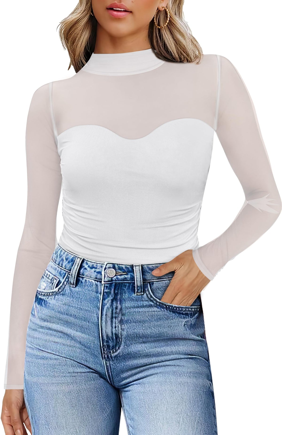 Womens Sexy Mesh Long Sleeve Shirts Fashion Clothing Turtle Necks Sheer Ruched Going Out Tops Fall Outfits Slim Fit Blouses