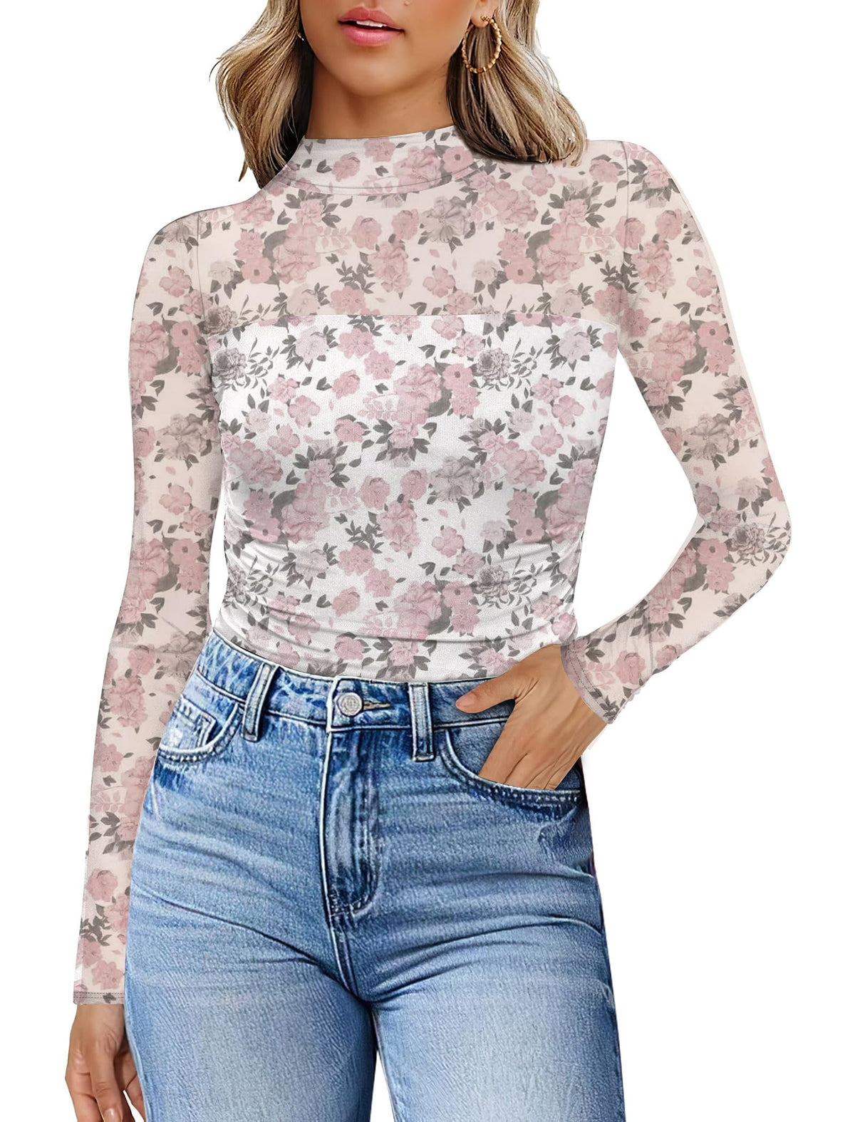 Womens Sexy Mesh Long Sleeve Shirts Fashion Clothing Turtle Necks Sheer Ruched Going Out Tops Fall Outfits Slim Fit Blouses