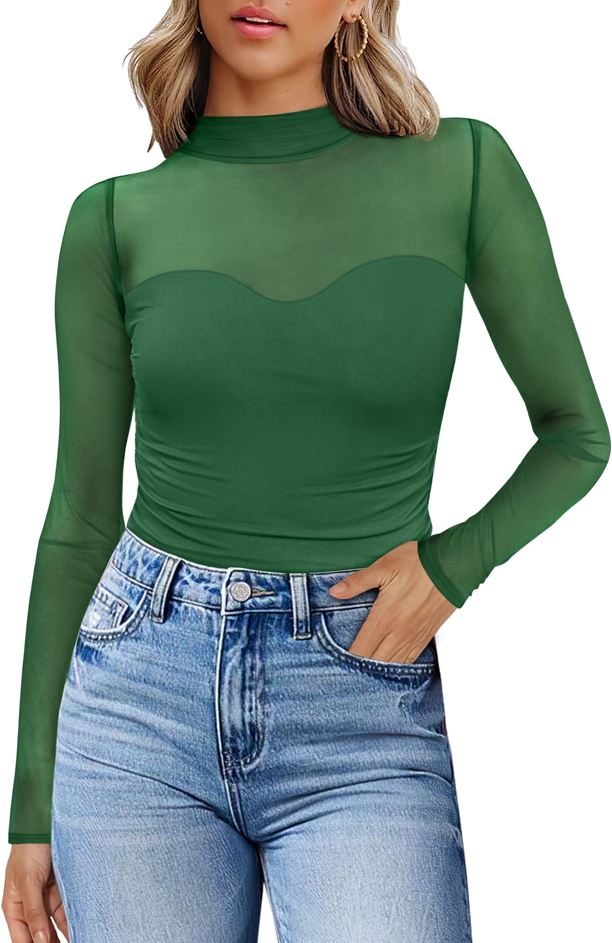Womens Sexy Mesh Long Sleeve Shirts Fashion Clothing Turtle Necks Sheer Ruched Going Out Tops Fall Outfits Slim Fit Blouses