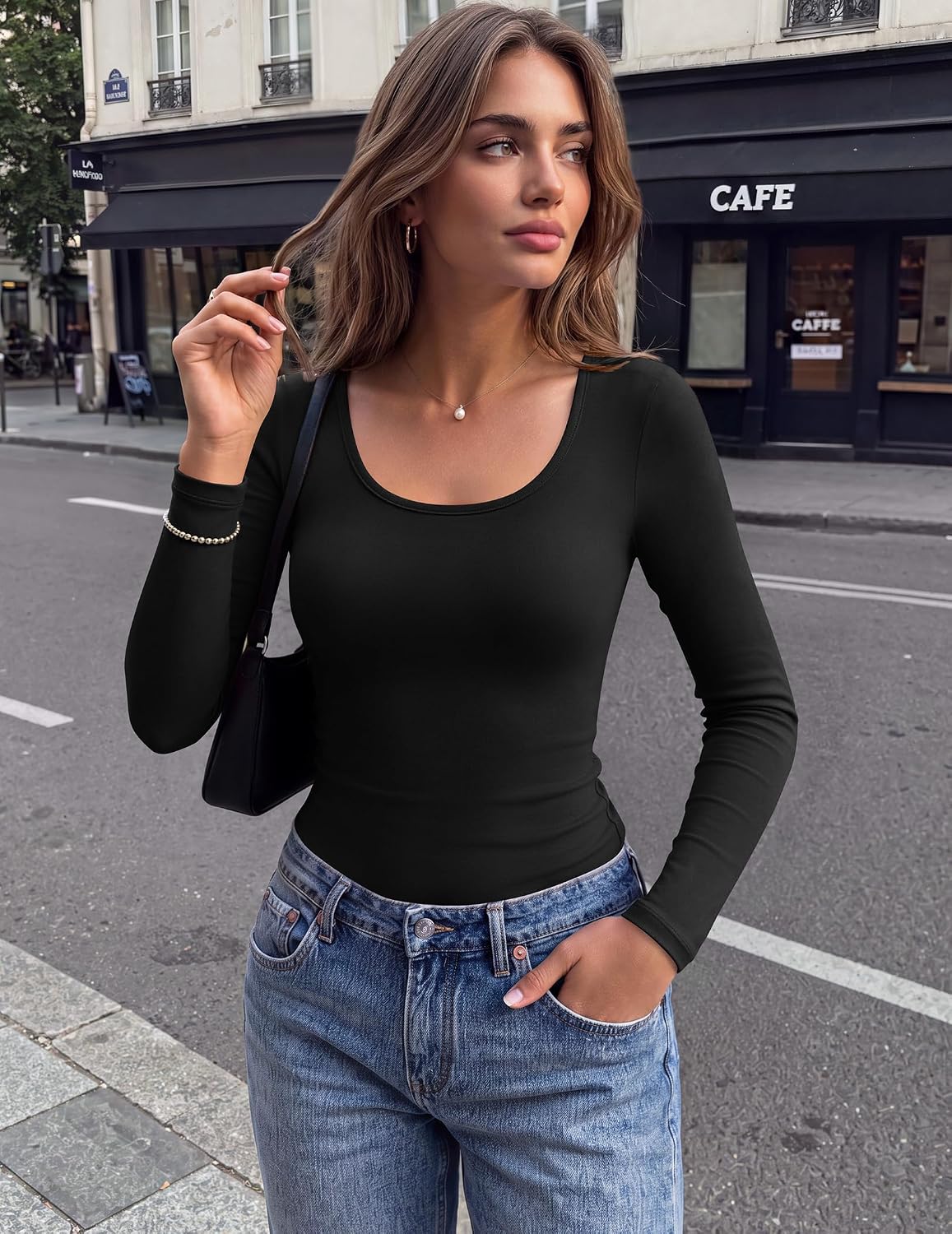 Zeagoo Long Sleeve Shirts for Women Square Neck Slim Fit Top Fall Basic Tee