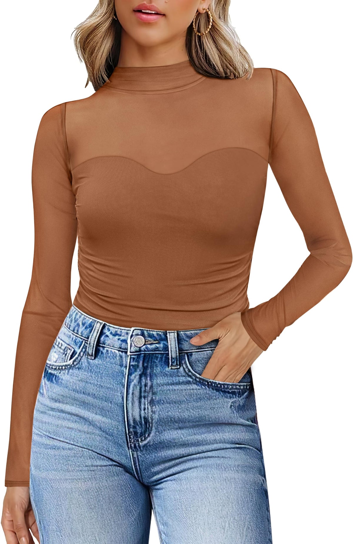 Womens Sexy Mesh Long Sleeve Shirts Fashion Clothing Turtle Necks Sheer Ruched Going Out Tops Fall Outfits Slim Fit Blouses