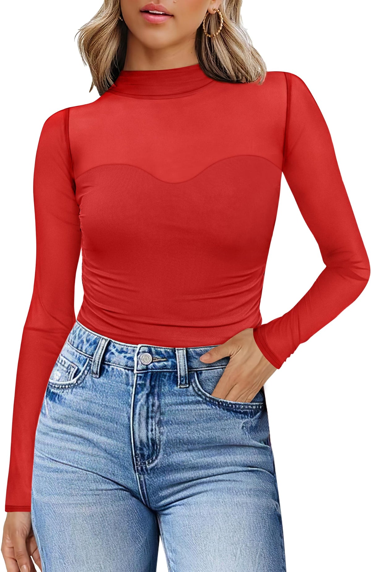 Womens Sexy Mesh Long Sleeve Shirts Fashion Clothing Turtle Necks Sheer Ruched Going Out Tops Fall Outfits Slim Fit Blouses