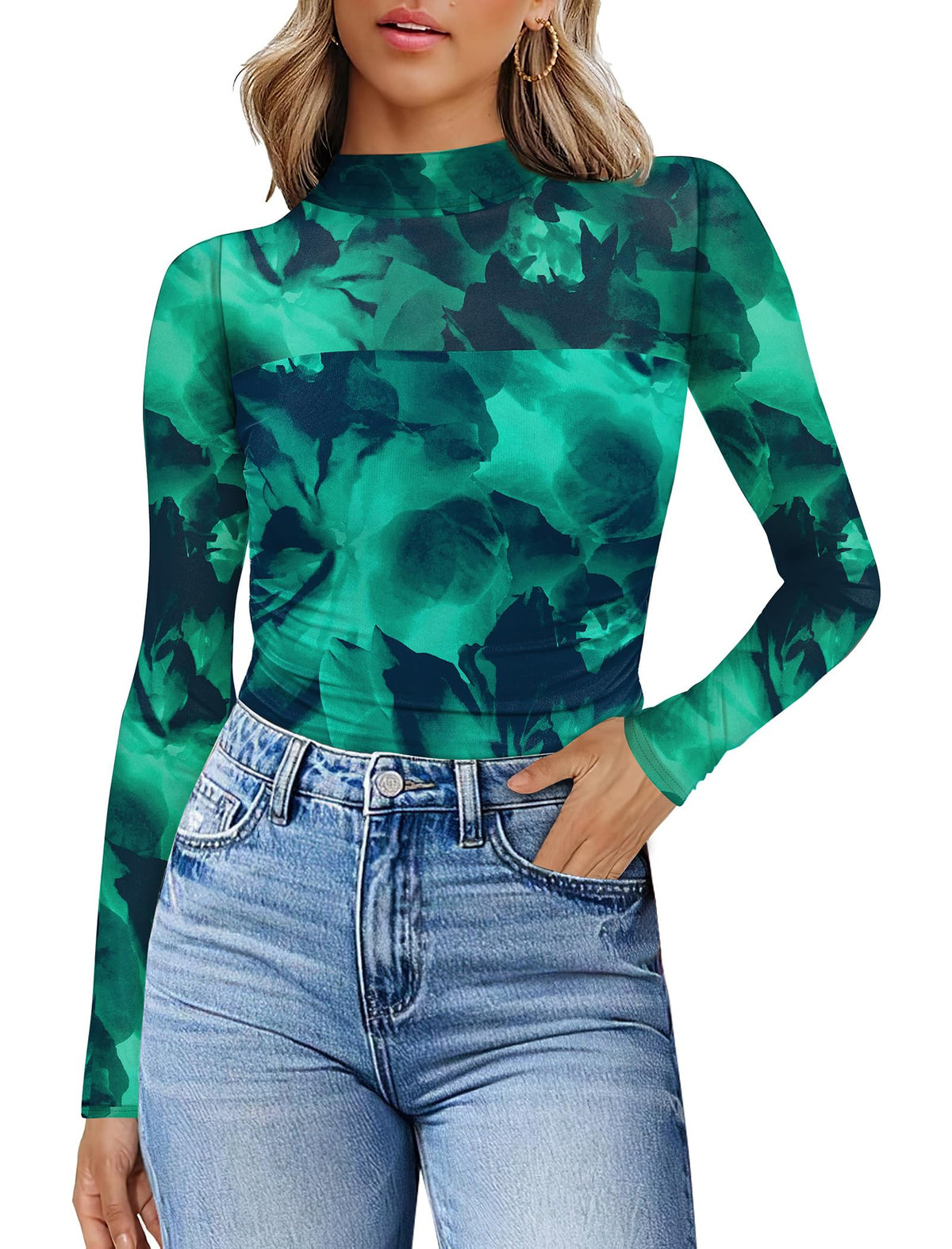 Womens Sexy Mesh Long Sleeve Shirts Fashion Clothing Turtle Necks Sheer Ruched Going Out Tops Fall Outfits Slim Fit Blouses