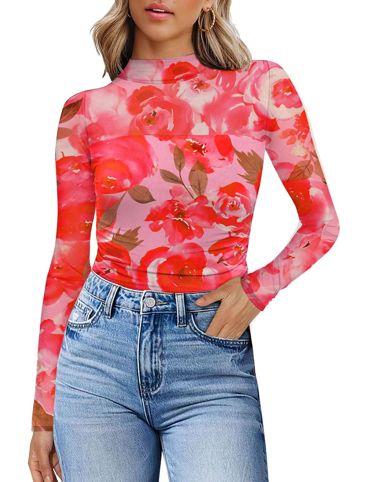 Womens Sexy Mesh Long Sleeve Shirts Fashion Clothing Turtle Necks Sheer Ruched Going Out Tops Fall Outfits Slim Fit Blouses