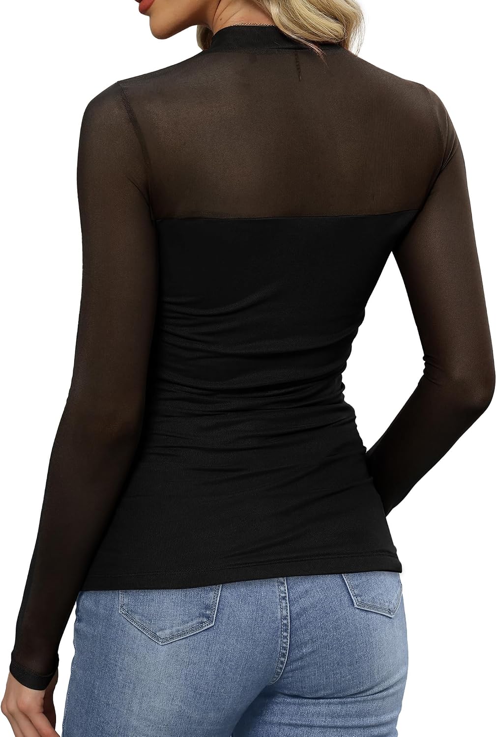 Womens Sexy Mesh Long Sleeve Shirts Fashion Clothing Turtle Necks Sheer Ruched Going Out Tops Fall Outfits Slim Fit Blouses