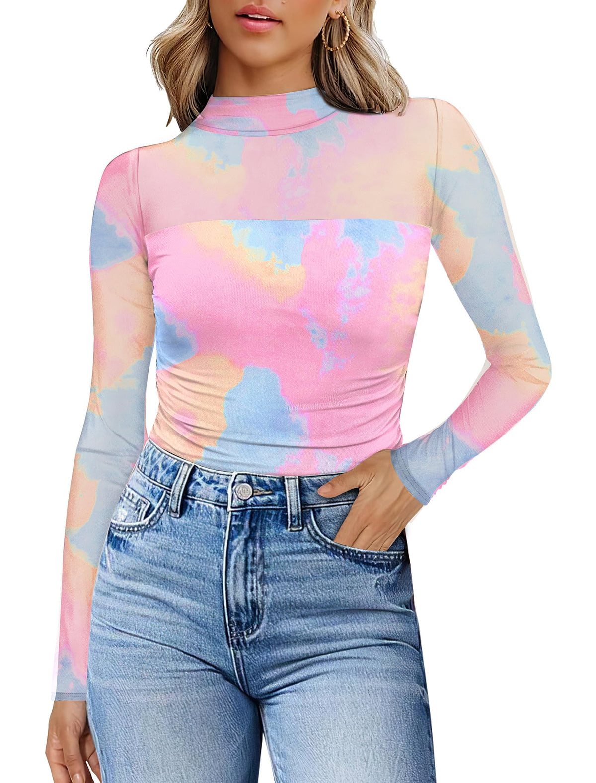 Womens Sexy Mesh Long Sleeve Shirts Fashion Clothing Turtle Necks Sheer Ruched Going Out Tops Fall Outfits Slim Fit Blouses