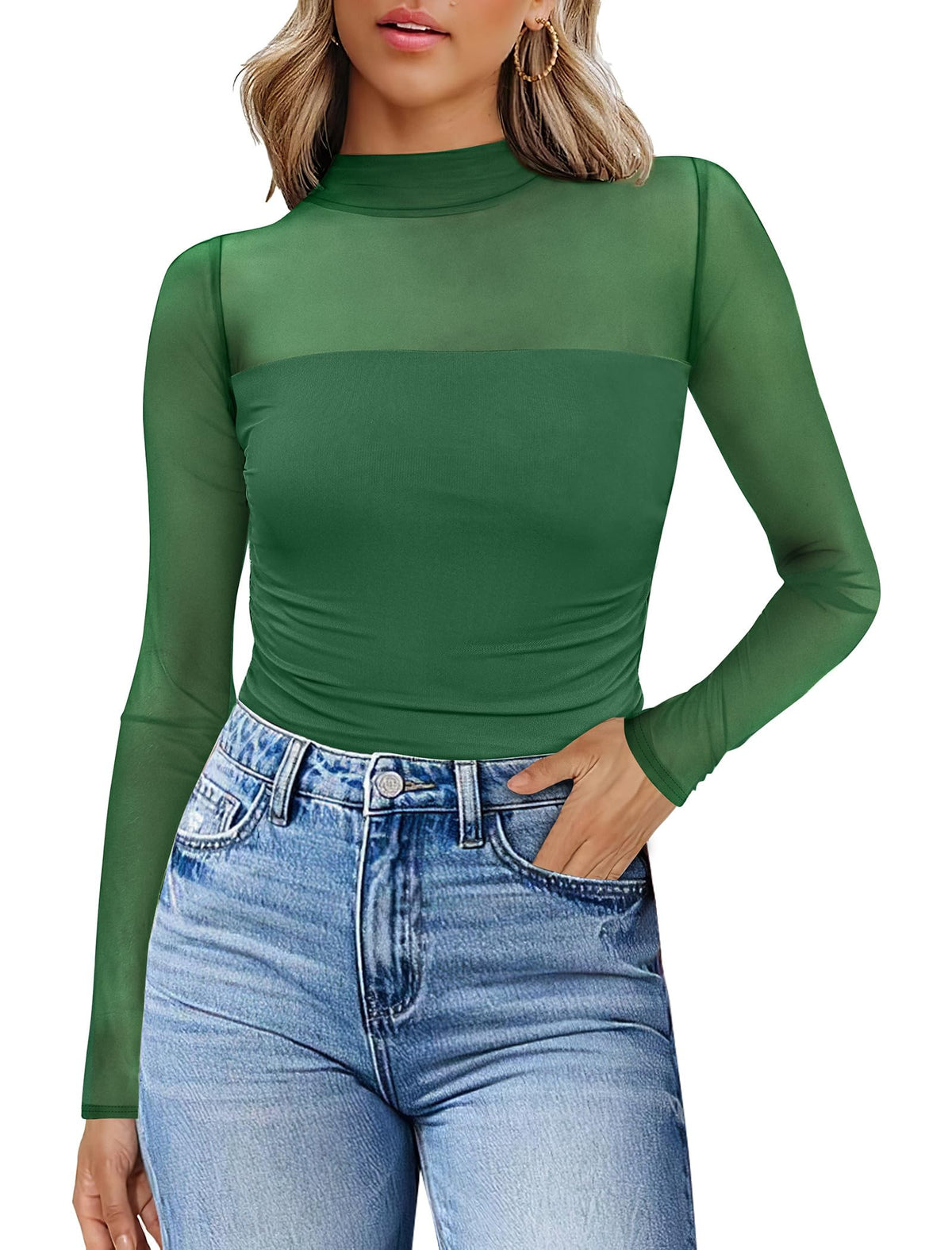 Womens Sexy Mesh Long Sleeve Shirts Fashion Clothing Turtle Necks Sheer Ruched Going Out Tops Fall Outfits Slim Fit Blouses