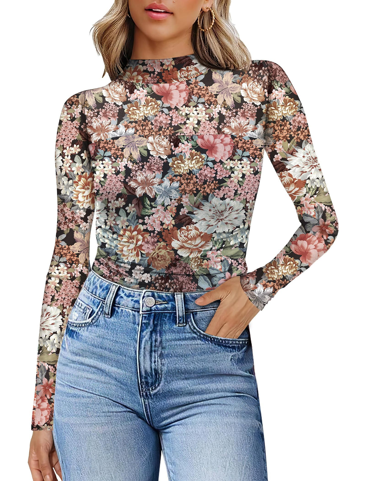 Womens Sexy Mesh Long Sleeve Shirts Fashion Clothing Turtle Necks Sheer Ruched Going Out Tops Fall Outfits Slim Fit Blouses